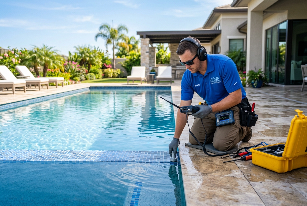 Pool leak testing equipment by a residential swimming pool in Lakewood NJ
